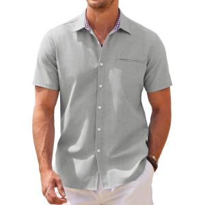 imageCOOFANDY Mens Short Sleeve Oxford Dress Shirt Chambray Button Down Work Shirt Casual Plaid Collar ShirtsLight Grey