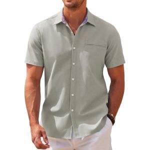 imageCOOFANDY Mens Short Sleeve Oxford Dress Shirt Chambray Button Down Work Shirt Casual Plaid Collar ShirtsLight Khaki