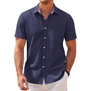 imageCOOFANDY Mens Short Sleeve Oxford Dress Shirt Chambray Button Down Work Shirt Casual Plaid Collar ShirtsNavy Blue