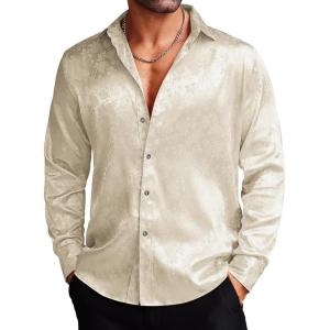imageCOOFANDY Mens Silk Satin Dress Shirts Jacquard Long Sleeve Floral Button Up Shirts Party Prom Wedding ShirtBeige