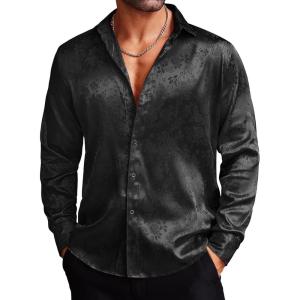 imageCOOFANDY Mens Silk Satin Dress Shirts Jacquard Long Sleeve Floral Button Up Shirts Party Prom Wedding ShirtBlack