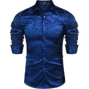 imageCOOFANDY Mens Silk Satin Dress Shirts Jacquard Long Sleeve Floral Button Up Shirts Party Prom Wedding ShirtBlue