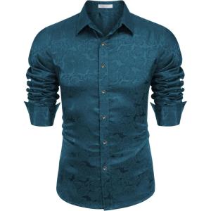imageCOOFANDY Mens Silk Satin Dress Shirts Jacquard Long Sleeve Floral Button Up Shirts Party Prom Wedding ShirtBlue Floral