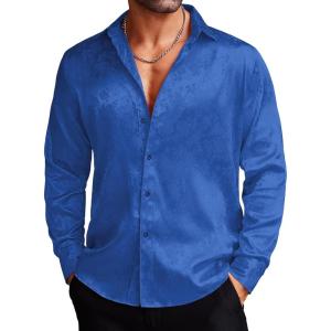 imageCOOFANDY Mens Silk Satin Dress Shirts Jacquard Long Sleeve Floral Button Up Shirts Party Prom Wedding ShirtBlue Rose Jacquard