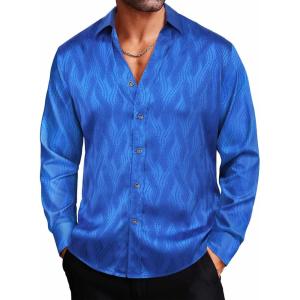 imageCOOFANDY Mens Silk Satin Dress Shirts Jacquard Long Sleeve Floral Button Up Shirts Party Prom Wedding ShirtBlue Twist