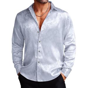 imageCOOFANDY Mens Silk Satin Dress Shirts Jacquard Long Sleeve Floral Button Up Shirts Party Prom Wedding ShirtClear Blue