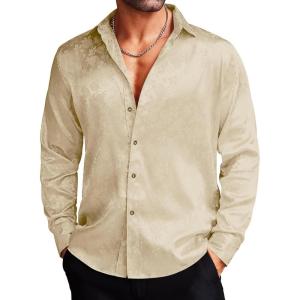 imageCOOFANDY Mens Silk Satin Dress Shirts Jacquard Long Sleeve Floral Button Up Shirts Party Prom Wedding ShirtCream Rose