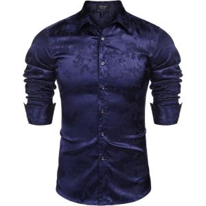 imageCOOFANDY Mens Silk Satin Dress Shirts Jacquard Long Sleeve Floral Button Up Shirts Party Prom Wedding ShirtDeep Blue
