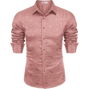 imageCOOFANDY Mens Silk Satin Dress Shirts Jacquard Long Sleeve Floral Button Up Shirts Party Prom Wedding ShirtDusty Pink