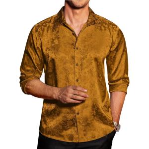 imageCOOFANDY Mens Silk Satin Dress Shirts Jacquard Long Sleeve Floral Button Up Shirts Party Prom Wedding ShirtGold