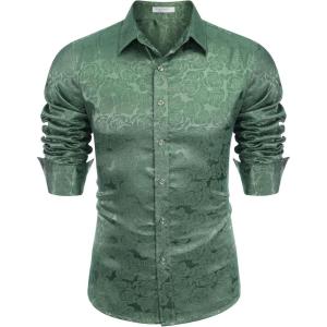 imageCOOFANDY Mens Silk Satin Dress Shirts Jacquard Long Sleeve Floral Button Up Shirts Party Prom Wedding ShirtGreen Black Jasper