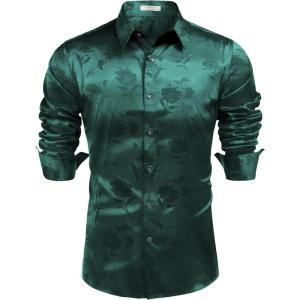 imageCOOFANDY Mens Silk Satin Dress Shirts Jacquard Long Sleeve Floral Button Up Shirts Party Prom Wedding ShirtGreen Rose Jacquard