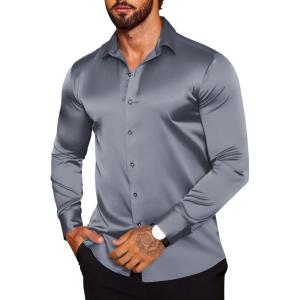 imageCOOFANDY Mens Silk Satin Dress Shirts Jacquard Long Sleeve Floral Button Up Shirts Party Prom Wedding ShirtGrey