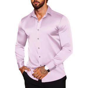 imageCOOFANDY Mens Silk Satin Dress Shirts Jacquard Long Sleeve Floral Button Up Shirts Party Prom Wedding ShirtLavender