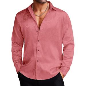 imageCOOFANDY Mens Silk Satin Dress Shirts Jacquard Long Sleeve Floral Button Up Shirts Party Prom Wedding ShirtMisty Rose