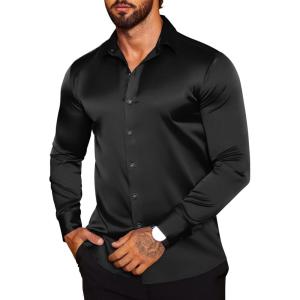 imageCOOFANDY Mens Silk Satin Dress Shirts Jacquard Long Sleeve Floral Button Up Shirts Party Prom Wedding ShirtPblack