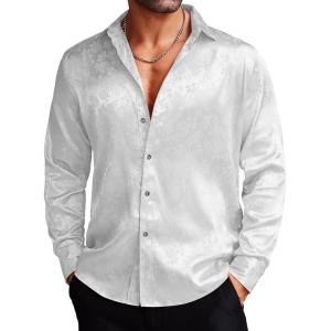 imageCOOFANDY Mens Silk Satin Dress Shirts Jacquard Long Sleeve Floral Button Up Shirts Party Prom Wedding ShirtPear White