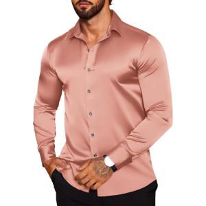 imageCOOFANDY Mens Silk Satin Dress Shirts Jacquard Long Sleeve Floral Button Up Shirts Party Prom Wedding ShirtPink