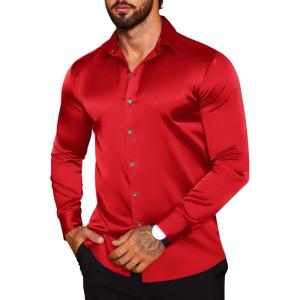imageCOOFANDY Mens Silk Satin Dress Shirts Jacquard Long Sleeve Floral Button Up Shirts Party Prom Wedding ShirtPred