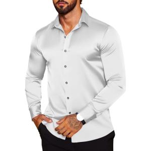 imageCOOFANDY Mens Silk Satin Dress Shirts Jacquard Long Sleeve Floral Button Up Shirts Party Prom Wedding ShirtPwhite
