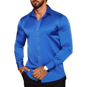 imageCOOFANDY Mens Silk Satin Dress Shirts Jacquard Long Sleeve Floral Button Up Shirts Party Prom Wedding ShirtSapphire