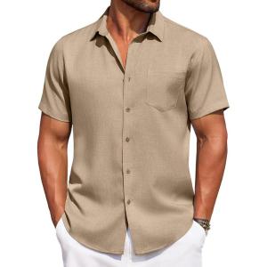imageCOOFANDY Mens Summer Beach Vacation Shirt Casual Button Down Short Sleeve Shirt Hawaiian Tropical Resort WearKhaki