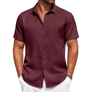 imageCOOFANDY Mens Summer Beach Vacation Shirt Casual Button Down Short Sleeve Shirt Hawaiian Tropical Resort WearMaroon Red