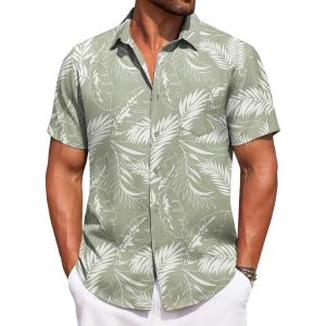 imageCOOFANDY Mens Summer Beach Vacation Shirt Casual Button Down Short Sleeve Shirt Hawaiian Tropical Resort WearSilhouette Leavesgrey Green