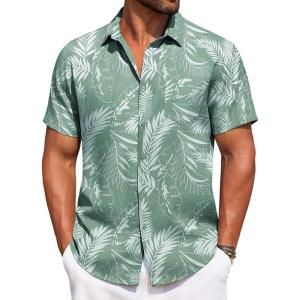 imageCOOFANDY Mens Summer Beach Vacation Shirt Casual Button Down Short Sleeve Shirt Hawaiian Tropical Resort WearSilhouette Leaveslight Green