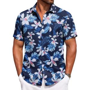 imageCOOFANDY Mens Summer Beach Vacation Shirt Casual Button Down Short Sleeve Shirt Hawaiian Tropical Resort WearTropical Flowers Navy Blue