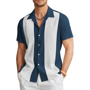 imageCOOFANDY Mens Vintage Bowling Shirt Short Sleeve Button Down Summer Cuba Beach ShirtsBlue White