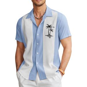 imageCOOFANDY Mens Vintage Bowling Shirt Short Sleeve Button Down Summer Cuba Beach ShirtsBowling Light Blue White