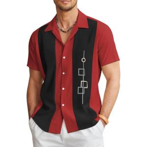 imageCOOFANDY Mens Vintage Bowling Shirt Short Sleeve Button Down Summer Cuba Beach ShirtsBowling Red Black