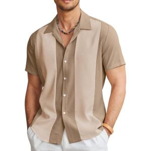 imageCOOFANDY Mens Vintage Bowling Shirt Short Sleeve Button Down Summer Cuba Beach ShirtsKhaki Light Khaki