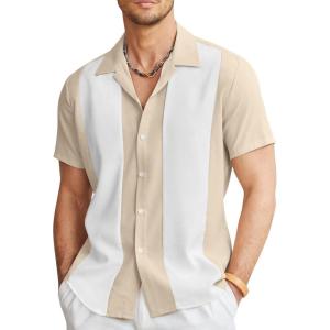 imageCOOFANDY Mens Vintage Bowling Shirt Short Sleeve Button Down Summer Cuba Beach ShirtsKhaki White