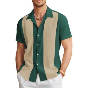 imageCOOFANDY Mens Vintage Bowling Shirt Short Sleeve Button Down Summer Cuba Beach ShirtsLake Green Khaki