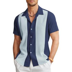 imageCOOFANDY Mens Vintage Bowling Shirt Short Sleeve Button Down Summer Cuba Beach ShirtsNavy Blue Light Blue