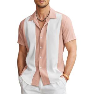 imageCOOFANDY Mens Vintage Bowling Shirt Short Sleeve Button Down Summer Cuba Beach ShirtsPink White