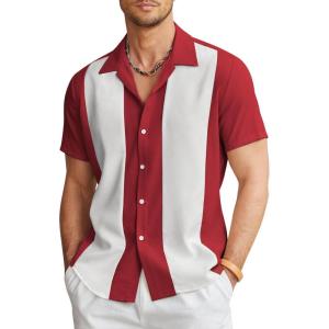 imageCOOFANDY Mens Vintage Bowling Shirt Short Sleeve Button Down Summer Cuba Beach ShirtsWine Red White