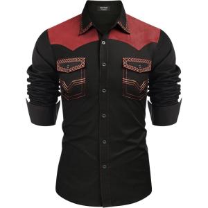imageCOOFANDY Mens Western Cowboy Shirt Embroidered Long Sleeve Slim Fit Casual Cotton Button Down Hippie Shirts with PocketsBlack  Red