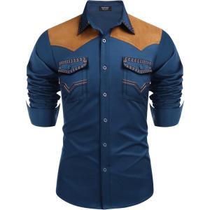imageCOOFANDY Mens Western Cowboy Shirt Embroidered Long Sleeve Slim Fit Casual Cotton Button Down Hippie Shirts with PocketsBlue