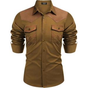 imageCOOFANDY Mens Western Cowboy Shirt Embroidered Long Sleeve Slim Fit Casual Cotton Button Down Hippie Shirts with PocketsBrown