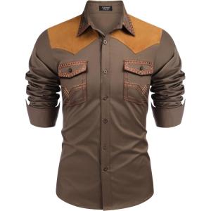 imageCOOFANDY Mens Western Cowboy Shirt Embroidered Long Sleeve Slim Fit Casual Cotton Button Down Hippie Shirts with PocketsKhaki