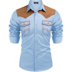 imageCOOFANDY Mens Western Cowboy Shirt Embroidered Long Sleeve Slim Fit Casual Cotton Button Down Hippie Shirts with PocketsLight Blue