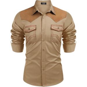 imageCOOFANDY Mens Western Cowboy Shirt Embroidered Long Sleeve Slim Fit Casual Cotton Button Down Hippie Shirts with PocketsLight Khaki