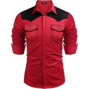 imageCOOFANDY Mens Western Cowboy Shirt Embroidered Long Sleeve Slim Fit Casual Cotton Button Down Hippie Shirts with PocketsRed