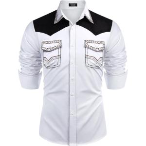 imageCOOFANDY Mens Western Cowboy Shirt Embroidered Long Sleeve Slim Fit Casual Cotton Button Down Hippie Shirts with PocketsWhite