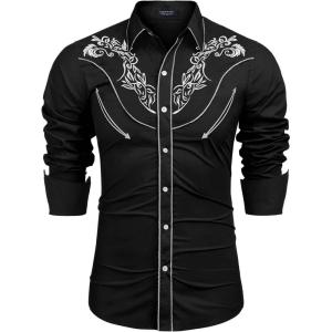 imageCOOFANDY Mens Western Cowboy Shirt Long Sleeve Slim Fit Rose Embroidered Cotton Casual Button Down ShirtsBlack