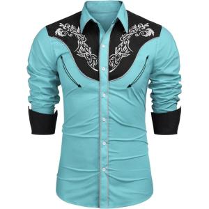 imageCOOFANDY Mens Western Cowboy Shirt Long Sleeve Slim Fit Rose Embroidered Cotton Casual Button Down ShirtsBlue Pattern2