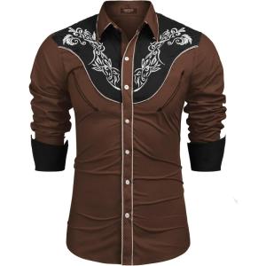 imageCOOFANDY Mens Western Cowboy Shirt Long Sleeve Slim Fit Rose Embroidered Cotton Casual Button Down ShirtsBrown